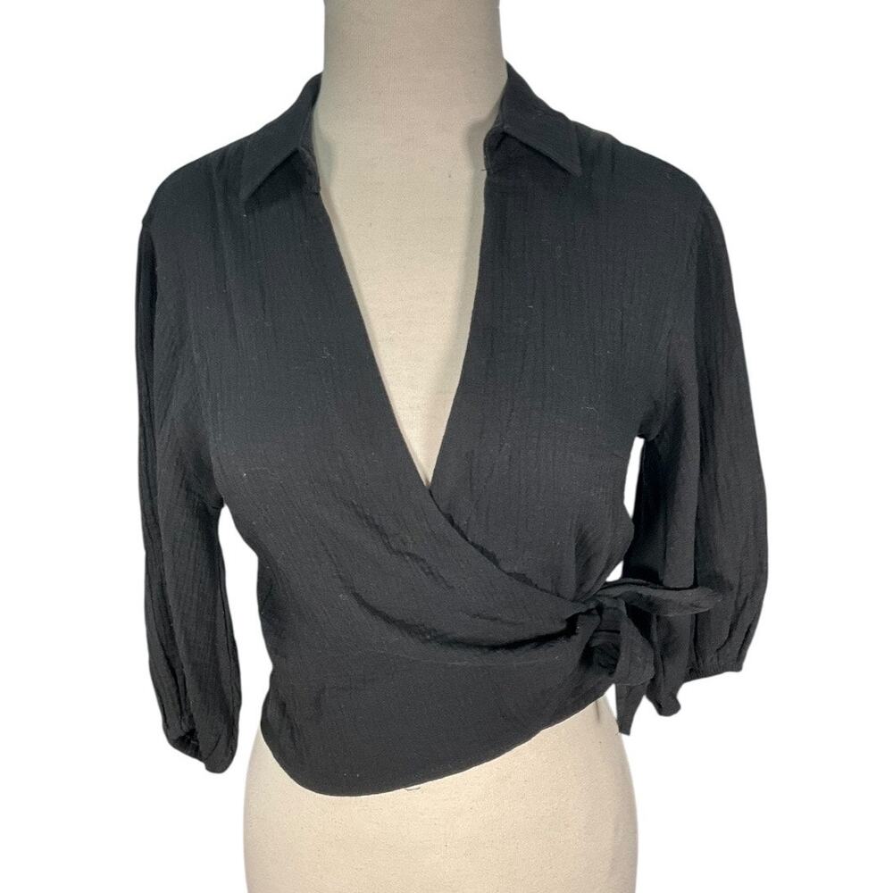 HYFVE Black Wrap Top Womens Small Tie Waist V Neck Minimalist Capsule Blouse